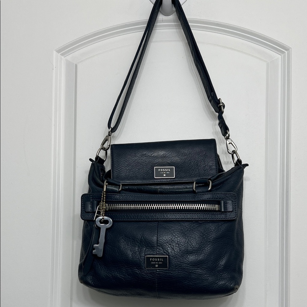Fossil Lot- Dawson Satchel Bag in midnight blue leather with matching wallet